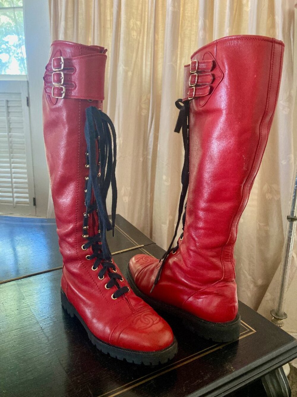 CHANEL A/W 1992 red leather lace up combat boots runway lookbook archival 38
